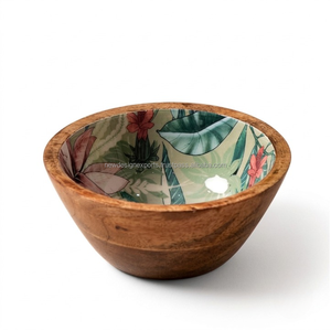 Bol de service en bois de manguier artisanal en gros, intérieur émaillé imprimé, décoratif, pour salade de fruits, vente directe - Product Image 6
