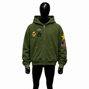 Sweat à capuche zippé vert pour homme, avec patch brodé motif dessin animé, coupe classique, en polaire, décontracté, pour l'automne, vêtement d'extérieur urbain, manches longues - Product Image 1