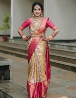 Sari Tradicional Banarasi de Seda Kanjivaram Tejido KV con Blusa sin Costuras Reversible, Antiarrugas y de Secado Rápido para Fiestas de Otoño