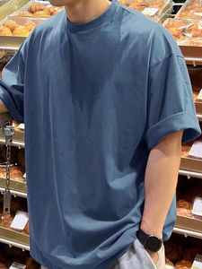 T-shirt basique noir en polyester tricoté pour homme, 220 grammes, col oversize, manches courtes, coupe ample, style streetwear décontracté, anti-rétrécissement, devant - Product Image 3
