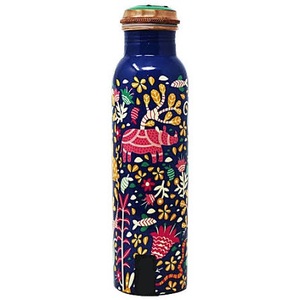 Botella de agua cilíndrica de cobre, diseño bohemio, portátil, para viaje, 1000 ml, azul con tapa dorada - Product Image 1