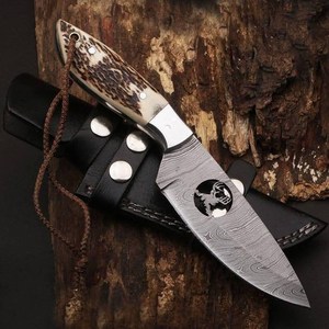 Couteau de chasse OEM Wirecut en acier Damas, couteau à dépecer, manche en bois de cerf, lame fixe, couteau de camping et d'extérieur EDC avec étui en cuir - Product Image 2