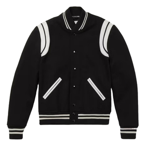 <b>Men's</b> Black Varsity <b>Jacket</b> With <b>White</b> Stripes Stand Collar Button Closure Preppy Style Regular Fit Autumn Wear - Product Image 1