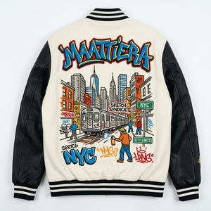 <b>Men</b> Cream Black <b>Leather</b> Sleeve Jacket Custom Urban Graffiti Graphic Streetwear Snap Button <b>Bomber</b> Jacket Premium - Product Image 6