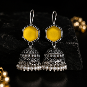 ต่างหูแบบจุมก้าหินตาแมวสีเหลืองแบบออกซิไดซ์พร้อมมุกห้อย ขายส่ง - Product Image 6