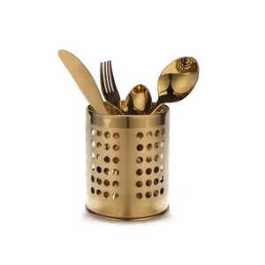 Gold Stainless Steel Round Cutlery Holder <b>Kitchen</b> Utensil Organizer Spoon Fork Storage Rack Tabletop Utensil Stand Holder <b>caddy</b> - Product Image 1