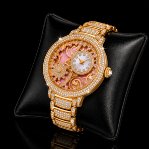 Luxury Gold <strong>Skeleton</strong> Gear <strong>Women</strong>&rsquo;s <strong>Watch</strong> with Pink Crystal Details Round Dial Sparkling Bezel and Iced Out Bracelet Strap - Product Image 3