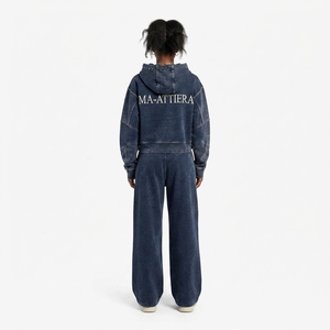 Custom <b>Women</b> Acid Wash <b>Navy</b> Blue Cropped Hoodie Wide Leg Jogger Set Cotton Fleece Streetwear Tracksuit OEM Wholesale - Product Image 2
