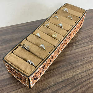 New Arrival Hand <b>Tooled</b> Leather Ring Display Box Elegant-Style Brown Velvet Vertical Jewelry Organizer Storage Holder Stand Case - Product Image 6