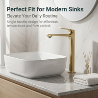 Robinet de salle de bain moderne avec corps haut en or brossé et poignée unique, mitigeur de lavabo anti-éclaboussures pour hôtel et maison