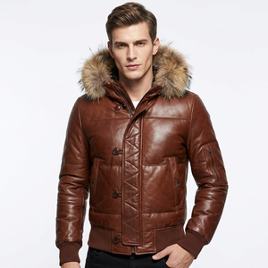 Men's <b>Brown</b> Leather Bomber <b>Jacket</b> Hooded Square Collar Waterproof Breathable Spring Slim Fit Vintage Embroidery Front - Product Image 6