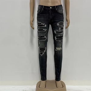 Jeans slim vintage déchirés pour homme de haute qualité OEM/ODM, pantalon bleu pour homme, jeans en denim usé - Product Image 3
