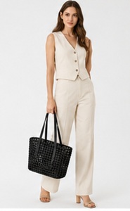 Sac fourre-tout Gravs en cuir véritable noir tressé, style ethnique, couleur unie, fait main en Inde, fermeture ouverte, été automne hiver - Product Image 2