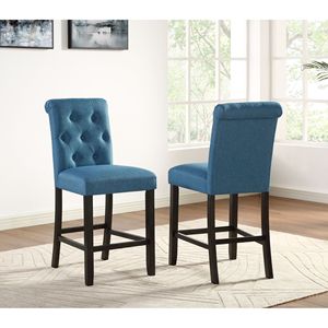 Leviton Set di 2 in legno massello blu Tufted bancone altezza sgabello elegante sala da pranzo mobili - Product Image 1
