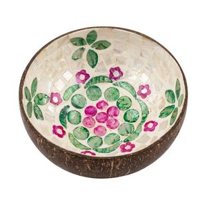 Tazón de Cáscara de Coco de Alta Calidad con Incrustaciones de Perlas Florales Rosas y Hojas Verdes, Ecológico, Decorativo, para Servir, Venta al Por Mayor - Product Image 1