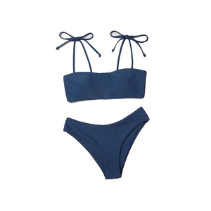 Women's Royal Blue Solid Bandeau Bikini Set 2 Piece Drawstring <b>Top</b> Hipster Bottom Swimwear Regular Fit Knitted - Product Image 4