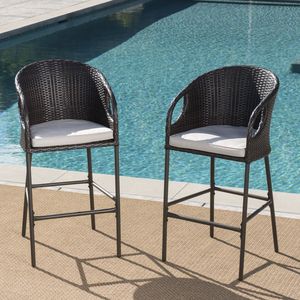 Set of 2 31\" Outdoor PE <b>Rattan</b> <b>Barstools</b> with Waterproof Cushions Multibrown Patio Furniture - Product Image 3