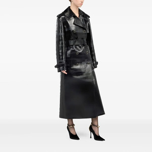 Manteau long élégant en cuir PU noir avec doublure en peau de mouton, à double boutonnage, ceinturé, imperméable, pour femme, idéal pour l'automne - Product Image 3