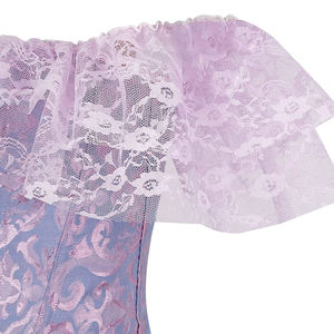 Corsé de mujer con hombros descubiertos, volantes de encaje y lazo en tela estampada morada y azul, diseño moldeador firme para adultos - Product Image 4