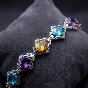 Bracelet vintage en argent sterling 925 avec pierres précieuses multiples, citrine, topaze bleue, améthyste, bijoux de créateur, classique pour femme, à porter tous les jours - Product Image 1
