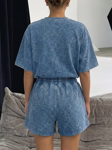 Conjunto de 2 piezas lavado para mujer: Top de manga corta regular y shorts con cintura elástica y cordón, estilo vintage sólido, ropa casual de calle. - Product Image 3