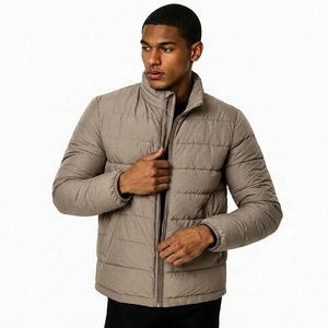 Men'<b>s</b> Olive Green Puffer <b>Jacket</b> Stand Collar Zipper Closure Windproof Casual Winter Wear Regular Fit Polyester Wadding - Product Image 5