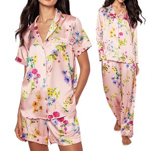 Conjunto de 2 Piezas de Satén Ligero para Mujer, Pantalones Cortos y Camiseta de Manga Corta con Cuello Camisero y Botones, Ropa de Dormir Informal para Primavera/Verano - Product Image 3