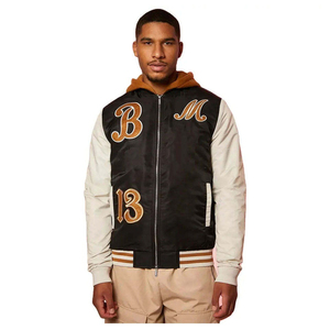 Chaqueta Varsity de Algodón Negra Personalizada de Alta Calidad ODM OEM, Chaqueta Bomber de Béisbol con Cuello Alto, Ropa Urbana de Otoño, Estilo Universitario - Product Image 5