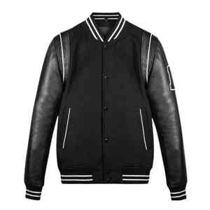 แจ็คเก็ตวาร์ซิตี้ชายคุณภาพดีที่สุด ตัวเสื้อทำจากผ้าขนสัตว์สีดำ แขนหนังสีดำ คอเสื้อแบบริบแถบสีขาว แจ็คเก็ตบอมเบอร์สไตล์วิทยาลัย มีจำหน่ายแล้ว - Product Image 1