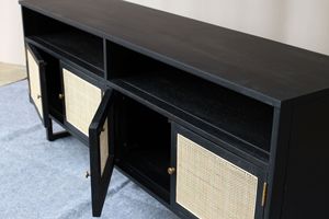 Mueble de TV Moderno de Madera de Caoba y Ratán, 4 Puertas con Estante Abierto, Almacenamiento para Sala de Estar, Patas Metálicas Independientes - Product Image 3