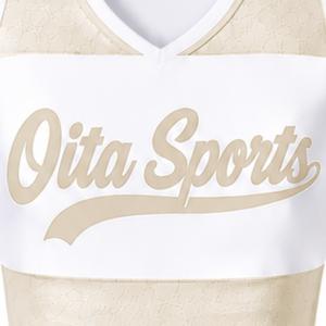 Ensemble d'uniformes de cheerleading sublimés blancs et beiges sans manches – Haut et jupe athlétiques pour équipe – Tenue de sport pour performance, entraînement et compétition - Product Image 3