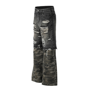 Jeans déchirés pour hommes style Hip Hop, coupe large, patchwork camouflage, denim délavé avec trous, vente en gros - Product Image 4
