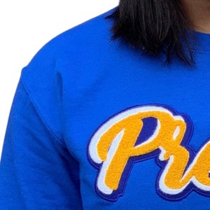 Sudadera Pretty Poodle unisex azul con gráfico de hermandad griega en chenilla, cuello redondo, estilo casual urbano premium - Product Image 5