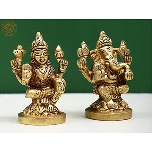 รูปปั้นทองเหลือง2นิ้วทำด้วยมือรูปปั้นคู่หินลักษมีและพระพิฆเนศผลิตในอินเดีย - Product Image 2