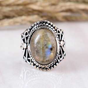 Handmade 925 Sterling <b>Silver</b> Blue Fire Labradorite <b>Ring</b> Vintage Bohemian Natural Oval Gemstone Bezel <b>Set</b> Statement Jewelry - Product Image 1
