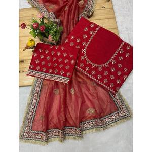 ผ้าส่าหรีผ้าไหมสำหรับงานแต่งงานด้ายจาริปักด้วยเพชร - Product Image 3