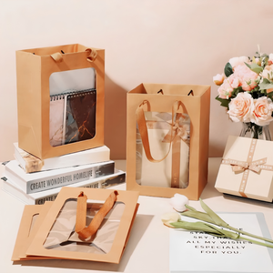 Kraft Paper <b>Gift</b> <b>Bags</b> with Transparent Window Kraft Shopping <b>Bags</b> with Handles for Bouquet <b>Christmas</b> Birthdays Festivals Party - Product Image 4