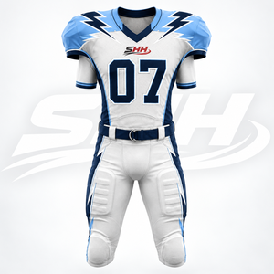 Uniforme de football américain personnalisé blanc marine pour hommes, maillot sublimé à col en V avec pantalon de jeu rembourré, numéro personnalisé, kit d'équipe - Product Image 1