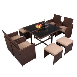 Offerta a Tempo Limitato: Set da Pranzo da Esterno in Rattan PE Effetto Legno a 9 Pezzi con Tavolo in Vetro Temperato per Hotel e Patii - Product Image 3
