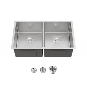 Fregadero de cocina empotrado de doble tazón de 33x19 pulgadas hecho a mano con acabado cepillado [Solo fregadero, envío restruido fines de semana TK/TEMU] - Product Image 1