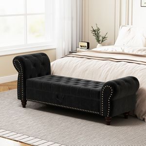 Panca letto imbottita in velluto nero da 164 cm con chiusura a bottoni e chaise longue contenitore per camera da letto - Product Image 1