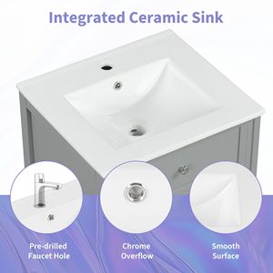 Mobile da Bagno da 20 Pollici con Anta a Chiusura Ammortizzata, Lavabo, Ripiano Portaoggetti e Mensole Regolabili - Elegante Mobiletto da Bagno - Product Image 5