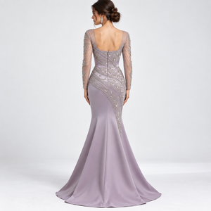 Dusty Lavender Satin Gown Modern Built-in Bra <b>Silver</b> Embroidery Floor-Length Elegant Evening Party <b>Dress</b> - Product Image 2