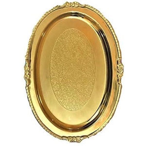 Plateau de service artisanal en métal bicolore, plateau ovale argenté brossé avec poignées à motif de feuillage doré - Product Image 5