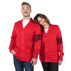 Cardigan rouge à col en V boutonné pour femme, manches rayées, pull long en tricot - Product Image 5