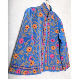 Chaqueta Azul con Bordado Floral a Mano, Cuello Mandarín, Manga Larga, Algodón, Estilo Prairie Chic para Mujer, Abrigo de Primavera - Product Image 5