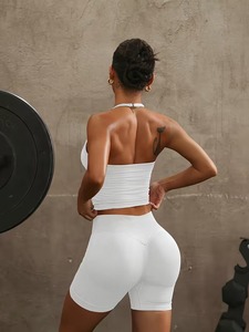 Conjunto Deportivo Seamless de Dos Piezas: Top Corto Halter Fruncido con Shorts de Cintura Alta con Corte en V para Yoga y Entrenamiento - Product Image 2