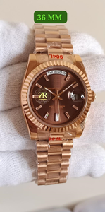 Montre mécanique en or rose 36 mm, style hip-hop de luxe, fermoir caché, cadran chocolat rayé soleil de haute qualité, index des heures baguette - Product Image 5