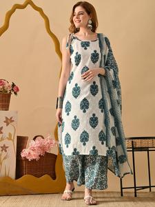 <b>Women</b> Cotton <b>Kurta</b> Set Palazzo Dupatta Digital Printed Floral Design Regular Fit Knee Length Quick Dry All Season Ethnic Wear - Product Image 1