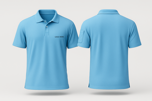 เสื้อเชิ้ตแขนสั้นลำลองผู้ชายแบรนด์เวียดนาม FMF สีฟ้าอ่อน โลโก้ด้านหน้า คอเสื้อตัดสี ผ้าถัก ผสมคอตตอนและโพลีเอสเตอร์ - Product Image 6